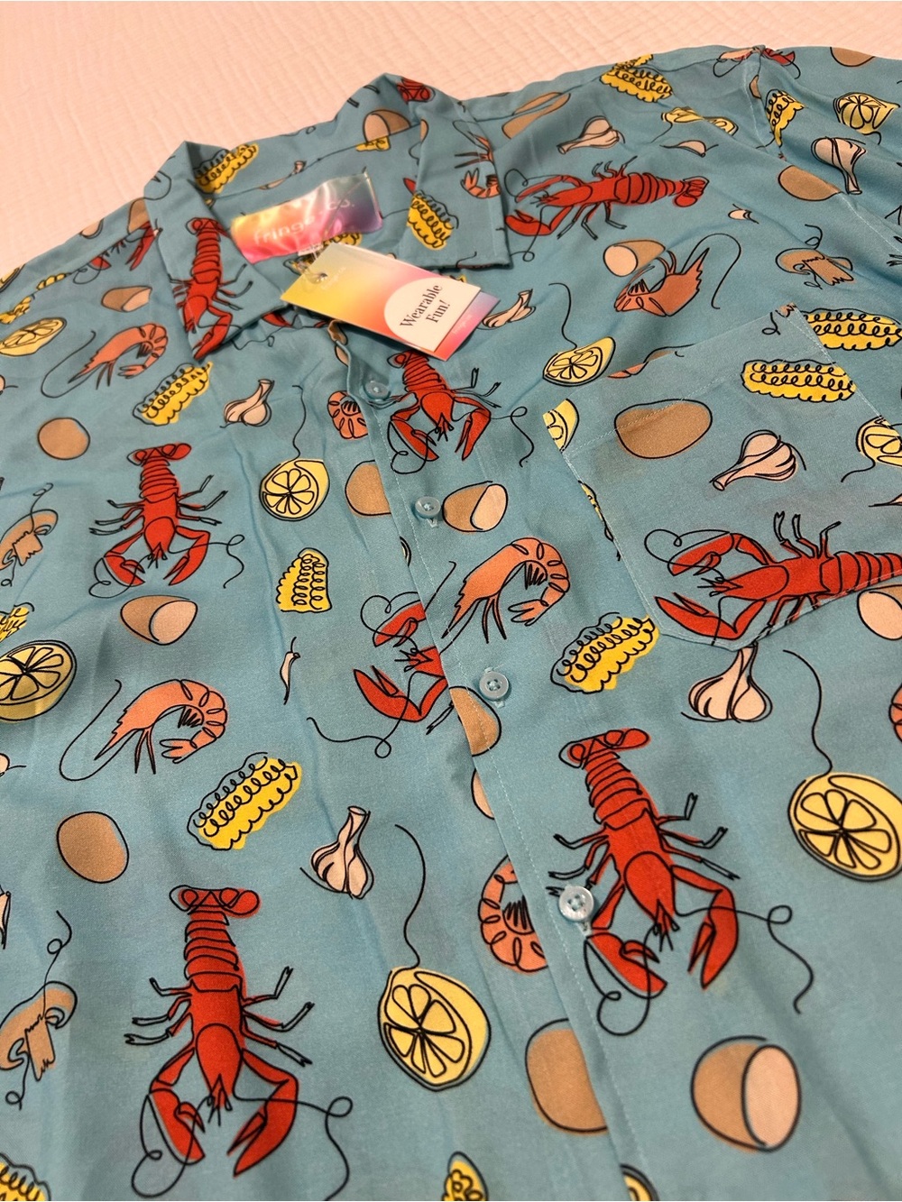 Fringe Studio Aqua Blue Short-Sleeve Crawfish Boil Print Button-Down Shirt